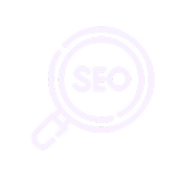 Ícono que contiene las siglas SEO dentro de una lupa y representa la técnica que se usa para optimizar y mejorar la visibilidad de una página web
